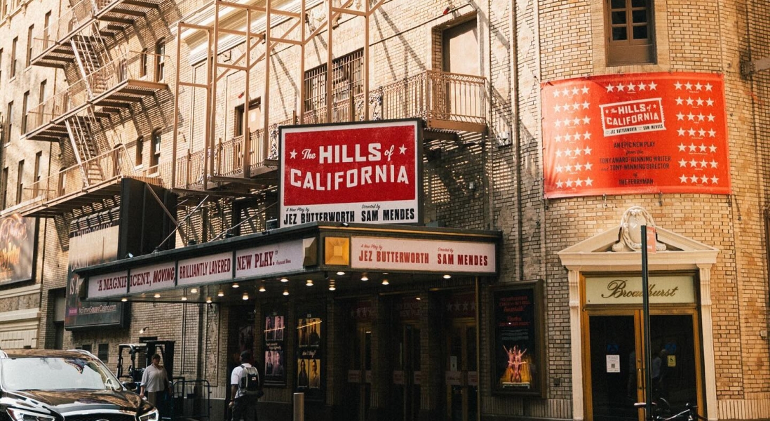 The Broadhurst Theatre exterior, with its marquee promoting The Hills of California